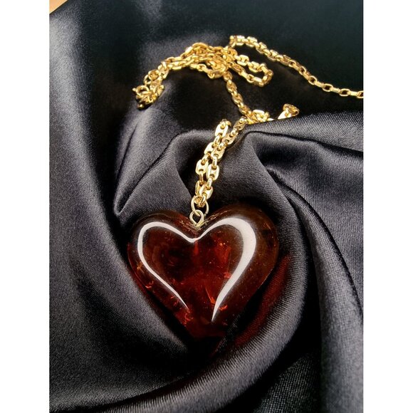 Amber Heart Pendant Necklace Gold Chain Vintage Jewelry Gift - Picture 3 of 5